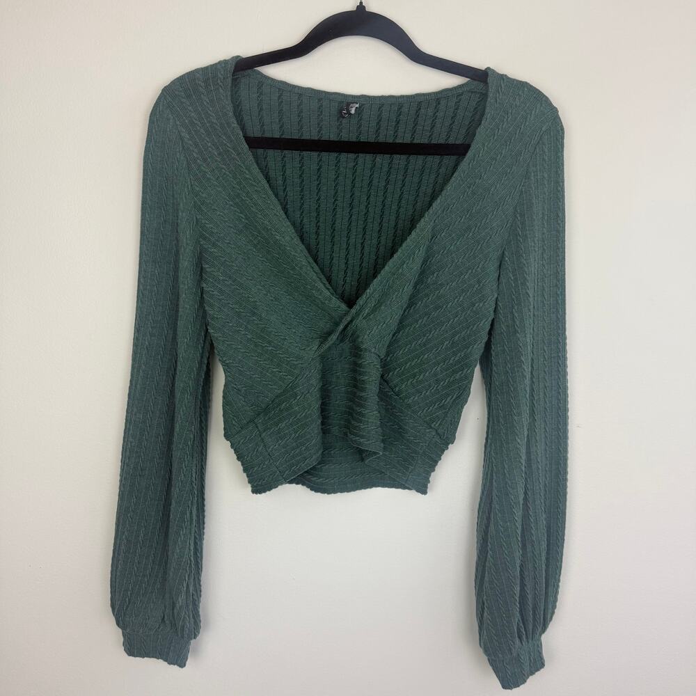 ZAFUL Womens Ribbed Crop Knitted Plunge V-Neck Long Sleeve Green Sweater Top 6